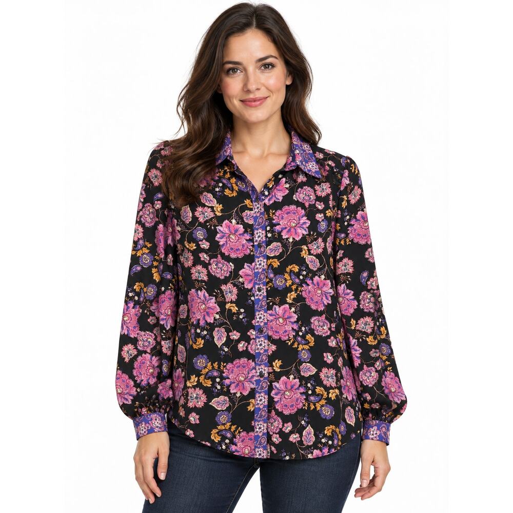 Nanette  Lepore Floral Paisley Button Front Blouse Black Large